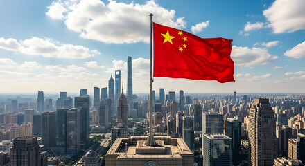 Chinese Flag, Modern Cityscape, Economy, Patriotism.