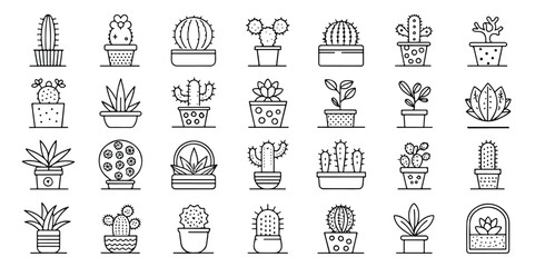 Diverse Collection of Cacti and Succulents in Minimalist Line Art Style for Home Decor and Plant Lovers