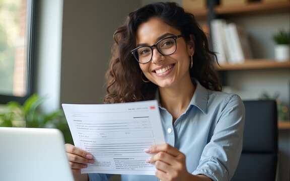 Smiling portrait at camera business woman accountant holding documents, working at laptop pc computer doing online tax invoice, financial report. Latina businesswoman manager with paperwork in office