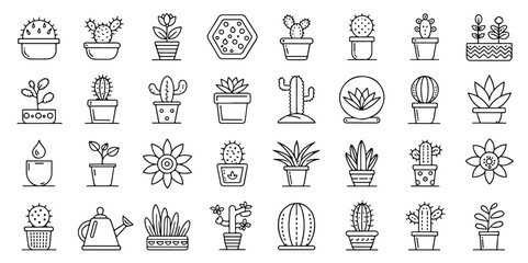 Set of Plant Icons Succulents and Cacti Collection Line Art Style for Decoration or Illustrations