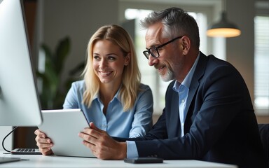 Fototapeta premium Mature senior leader man in suit and young employee woman working together on project on tablet pad device in office. Team of two colleagues of professional business people using computer. Vertical