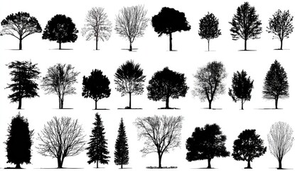 Fototapeta premium Silhouettes of various trees against a white background