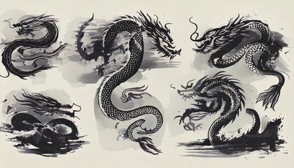 Fototapeta premium Ink Chinese dragon brushstroke set vector Japanese watercolor tribal tattoo oriental calligr