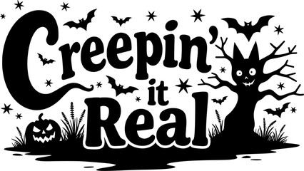 Creepin’ It Real Typography with Pumpkin, Spider, and Bat Vector Illustrations – Seasonal Design