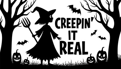 Creepin’ It Real Typography with Pumpkin, Spider, and Bat Vector Illustrations – Seasonal Design