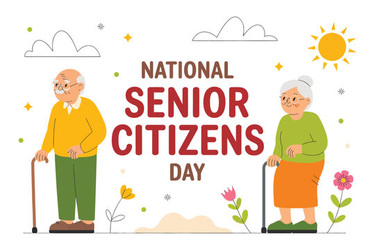 A heartwarming flat vector illustration celebrating National Senior Citizens Day with a smiling elderly couple walking with canes in a park.