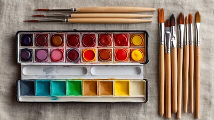 Naklejka premium Vibrant watercolor palette with brushes ready for artistic expression and creative projects, perfect for designers
