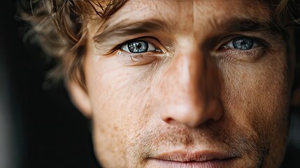 Puffy stress on man and visual concept. Close-up portrait of a man with blue eyes and curly hair.