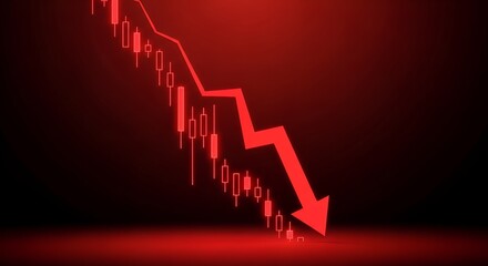 Red downward trending stock market graph with candlestick chart showing financial decline and economic recession