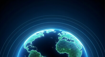 Glowing earth with digital network grids and orbiting light trails on dark blue background