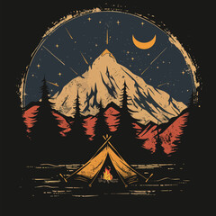 Fototapeta premium A painting of a campfire and a tent in front of a mountain with a full moon in the background
