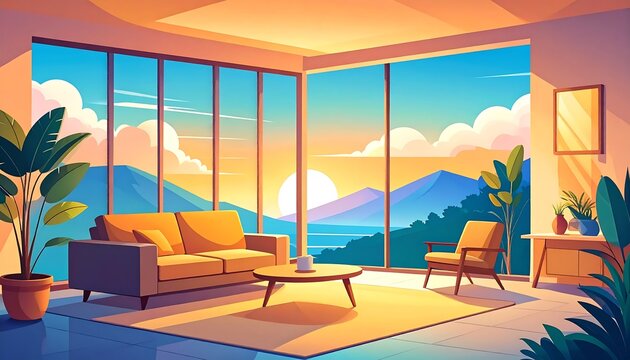 A living room with a panoramic view of mountains and the ocean at sunrise.