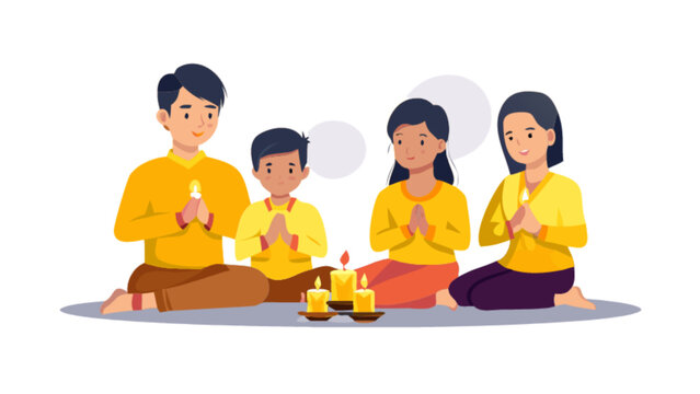 Family praying together with candles illustration for religious or cultural events vector design