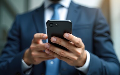 Closeup banner shot of business man hands using app holding smartphone cellphone at office building. Male entrepreneur businessman in formal suit working in trading on mobile cell phone, copy space