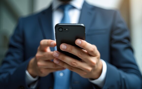 Closeup banner shot of business man hands using app holding smartphone cellphone at office building. Male entrepreneur businessman in formal suit working in trading on mobile cell phone, copy space
