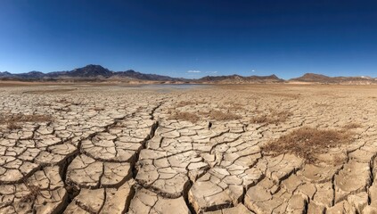 Dried, cracked earth stretches to a distant reservoir