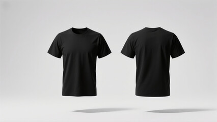 Black T-Shirt Mockup Front and Back View Floating on Light Grey Background