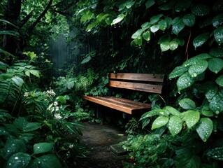 Wooden bench in a lush, rainy garden (1)