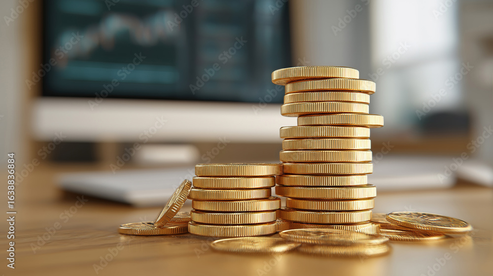Poster stack of gold coins on table with computer monitor highlights digital finance and wealth growth
