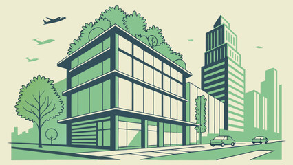 Illustration of a modern building with green roof in a city with planes and cars visible