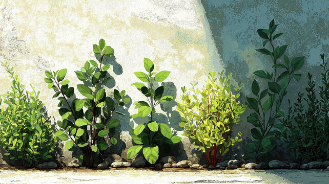 A series of green plants growing in a row symbolizes growth progress and natural development