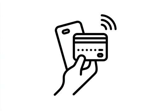 Hand holding credit card near a smartphone, wireless payment