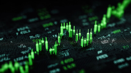 Abstract digital chart shows cryptocurrency price rise with green candlesticks indicating growth