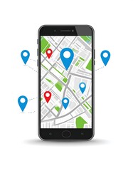 Smartphone displaying a map with multiple location markers