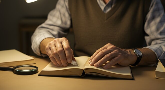 A visually impaired senior man attentively reads a braille book using a stylus under a warm desk lamp at night