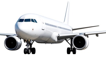 Obraz premium White passenger jet, front view, against white background