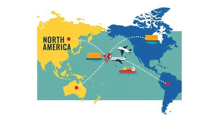 Vector Map of Asia and North America with Broken Trade Lines – India vs USA Economic Dispute