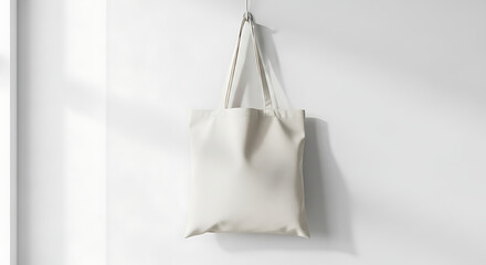 Minimalist white fabric shopping bag hanging on a hook, providing a blank space concept for custom logo or text