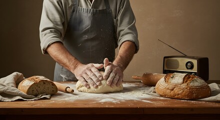 Close-up of an artisan baker's hands kneading fresh dough on a floured wooden table for homemade bread