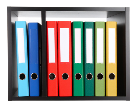 Colorful Office Folders on Organized Shelf PNG
