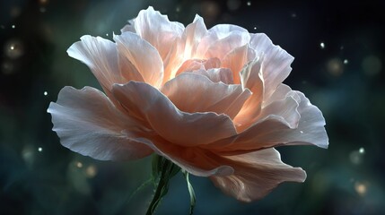 Fototapeta premium Close up of delicate peach rose with glowing petals against dark bokeh background