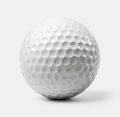 A single, white golf ball, perfectly round, sits on a plain gray background.  Its dimpled surface is smooth and glossy