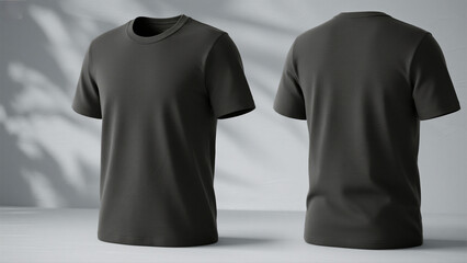 Dark Grey T-Shirt Mockup Front and Back View with Palm Leaf Shadow on Light Grey Background