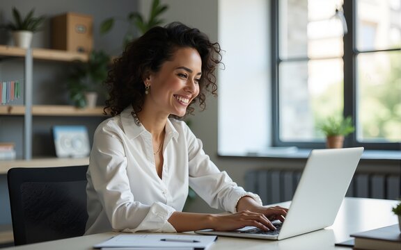 Smiling latin hispanic female marketing manager, professional it specialist working, browsing at laptop computer sitting at desk in modern office. Cheerful young woman employee using pc for business