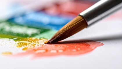 Fototapeta premium Close Up Paint Brush Stroke On Watercolor Paint Palette
