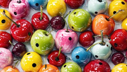 Colorful, glossy cherries, arranged densely