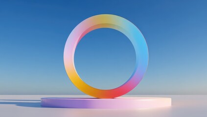 Colorful ring on a pastel pedestal against a clear sky