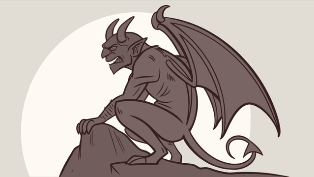Illustration of a gargoyle with wings and horns perched on a rocky outcrop in a cartoon style