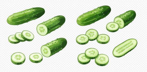 A collection of fresh green cucumbers, shown whole, cut in half, and sliced into round pieces on a transparent background.