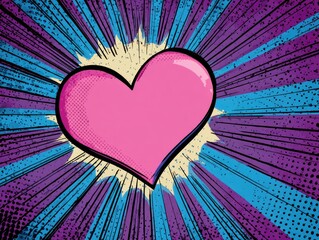 Pink heart graphic, comic book style, vibrant colors, radiating lines, halftone dots