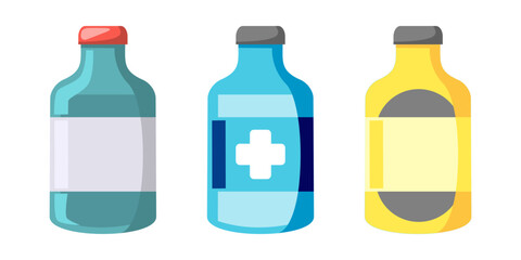 Fototapeta premium Medicine Bottle Icon Collection – Flat Design Vector Illustration on White Background. Pharmaceutical container symbol set suitable for healthcare, pharmacy, hospital, clinic, and prescription.