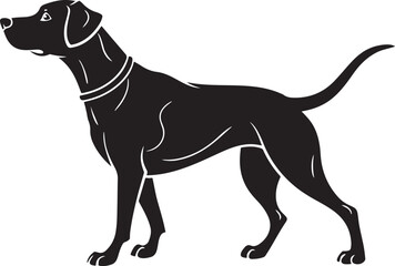 Black silhouette of a pointer dog with collar and leash ring standing
