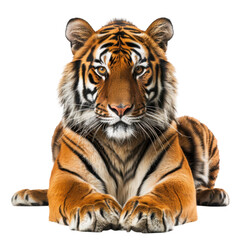 Fototapeta premium Majestic Bengal Tiger Lying Down in Natural Habitat with Intense Gaze