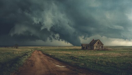 A desolate farm house faces a massive storm cloud