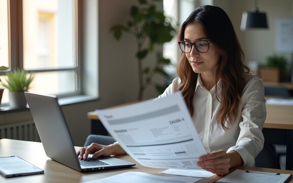 Focused latin hispanic young business woman working on laptop computer reading financial document report in office. Accountant entrepreneur manager businesswoman doing paperwork using pc. Copy space