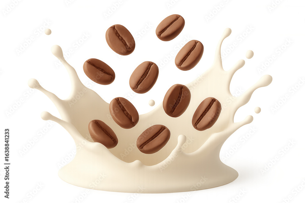 Poster 3d rendering showing roasted coffee beans cascading into milky splash, creating vibrant beverage vis